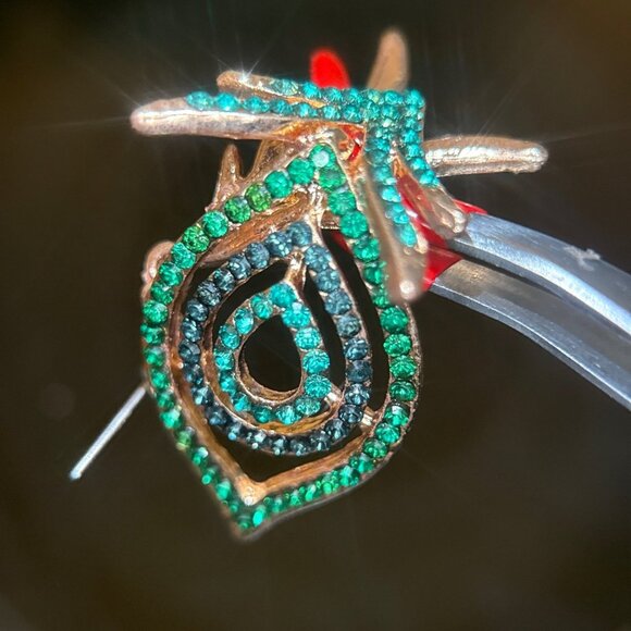 Green Crystals Fish Bone Style Dangle Earrings - Picture 3 of 7